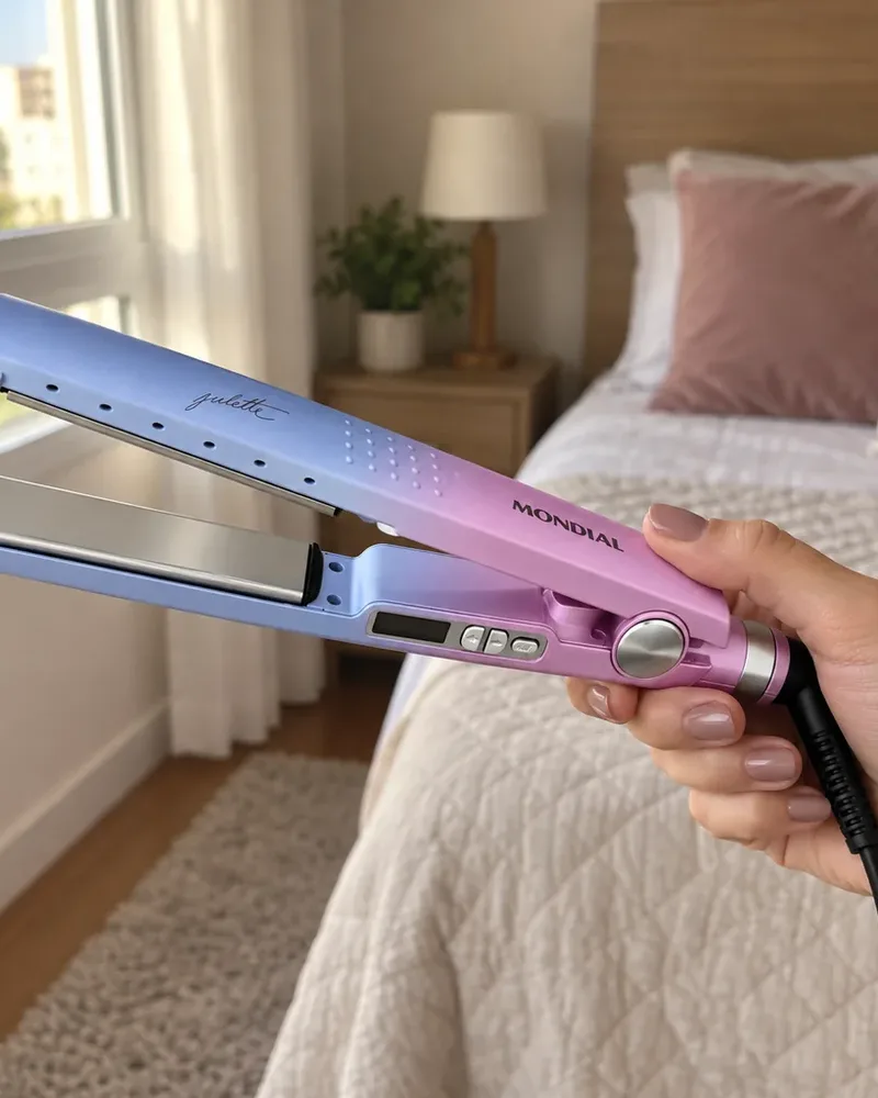 Prancha Mondial em degradê azul e rosa aberta na mão, com as placas à mostra e o quarto ao fundo