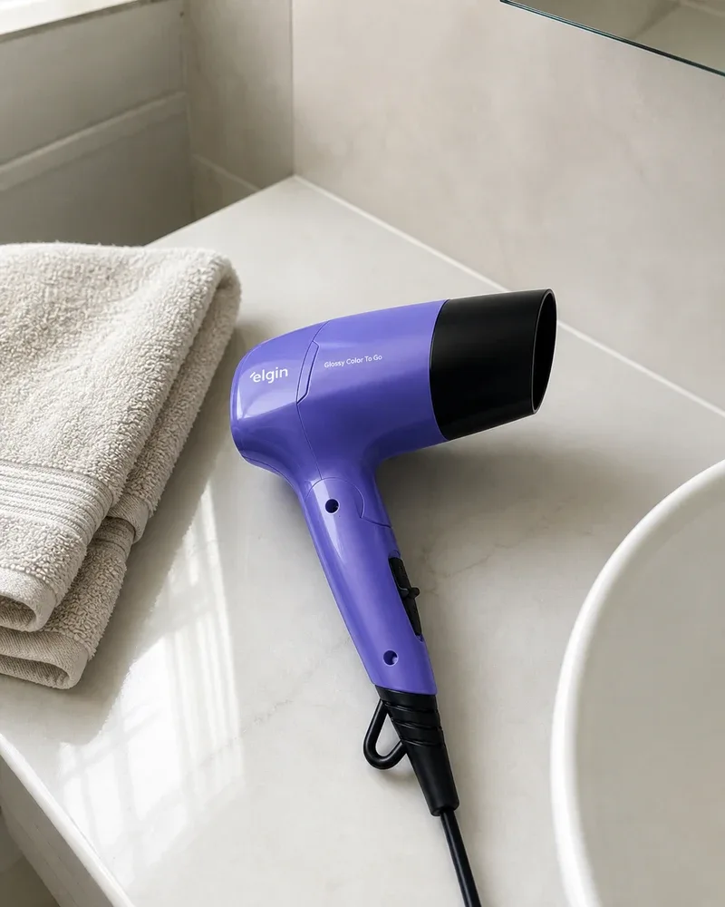 Secador Elgin Glossy Color To Go roxo na bancada, ao lado da cuba e da toalha