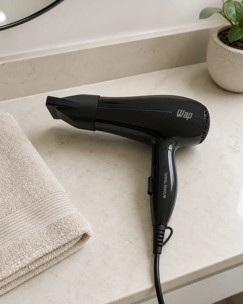 Secador WAP Intense Travel preto apoiado na bancada de mármore, perto da toalha dobrada